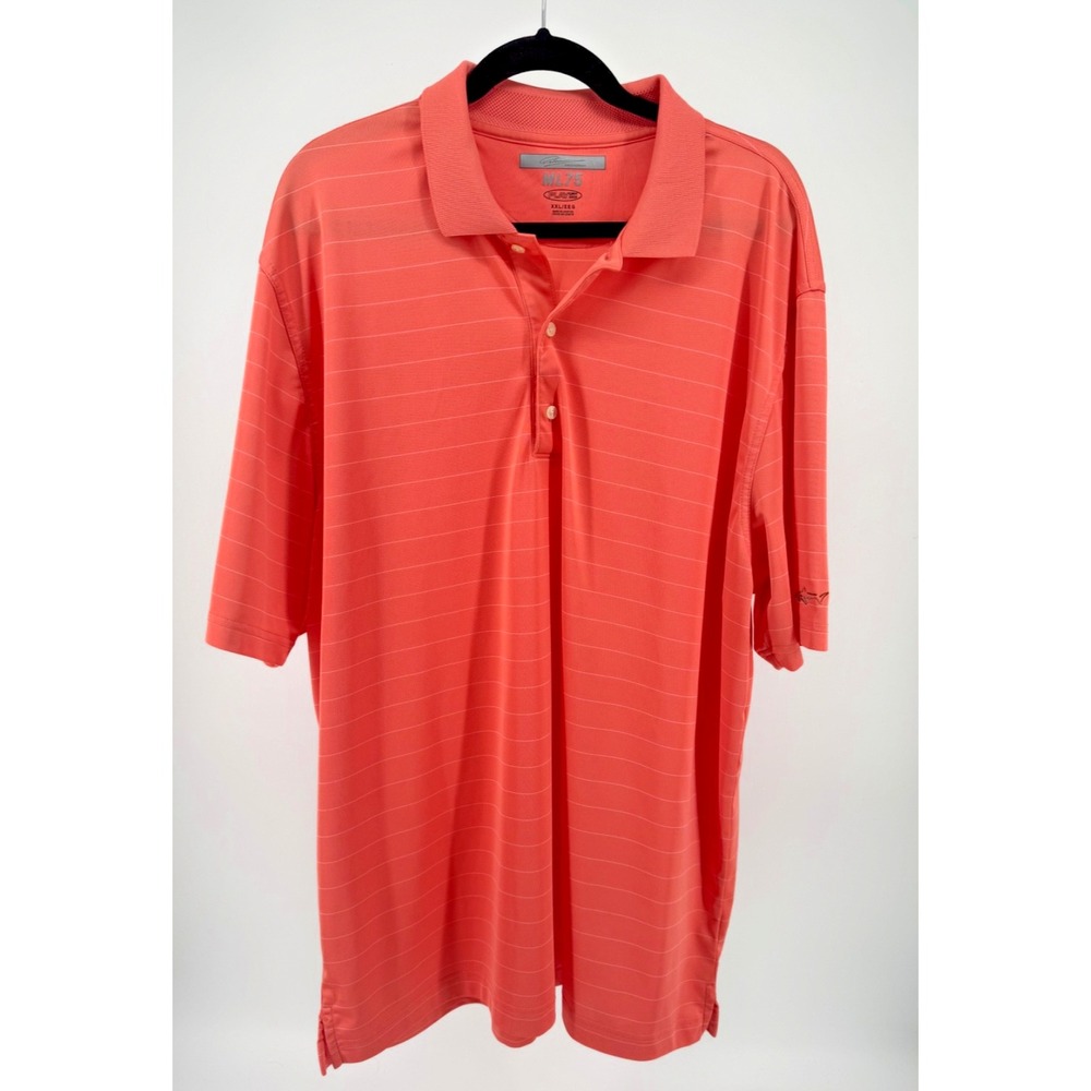 Greg Norman ML75‎ Play Dry Golf Polo Shirt Mens XXL Coral Orange Striped Shark